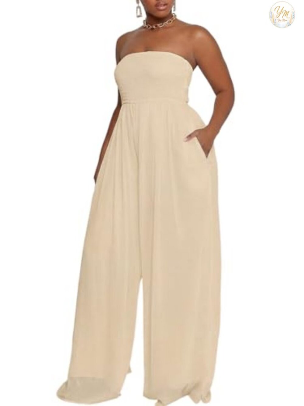 Strapless Wide Leg Smocked Jumpsuit High Stretch Polyester Spandex - Picture 3 of 5